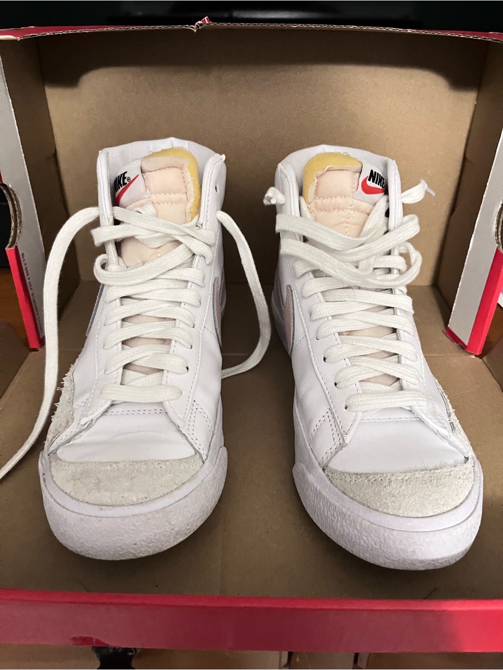 Nike Women’s White and Cream High-Top Sneakers with Red Logo